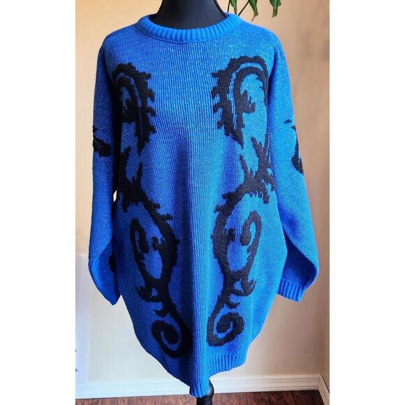 Vintage Distinctly Different Oversized Pullover Sparkle Blue Sweater w Black - Picture 1 of 9